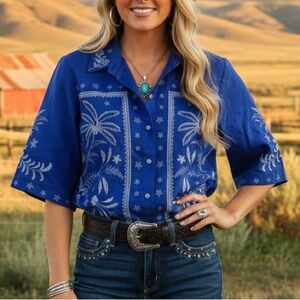 Johnny Was Cobalt Blue Embroidered Button Down Shirt